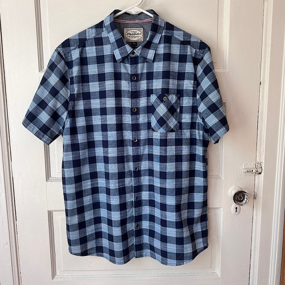 Flag & Anthem Men’s Short Sleeve Button Down Collared Shirt Blue Plaid Cotton Lg - Picture 8 of 14